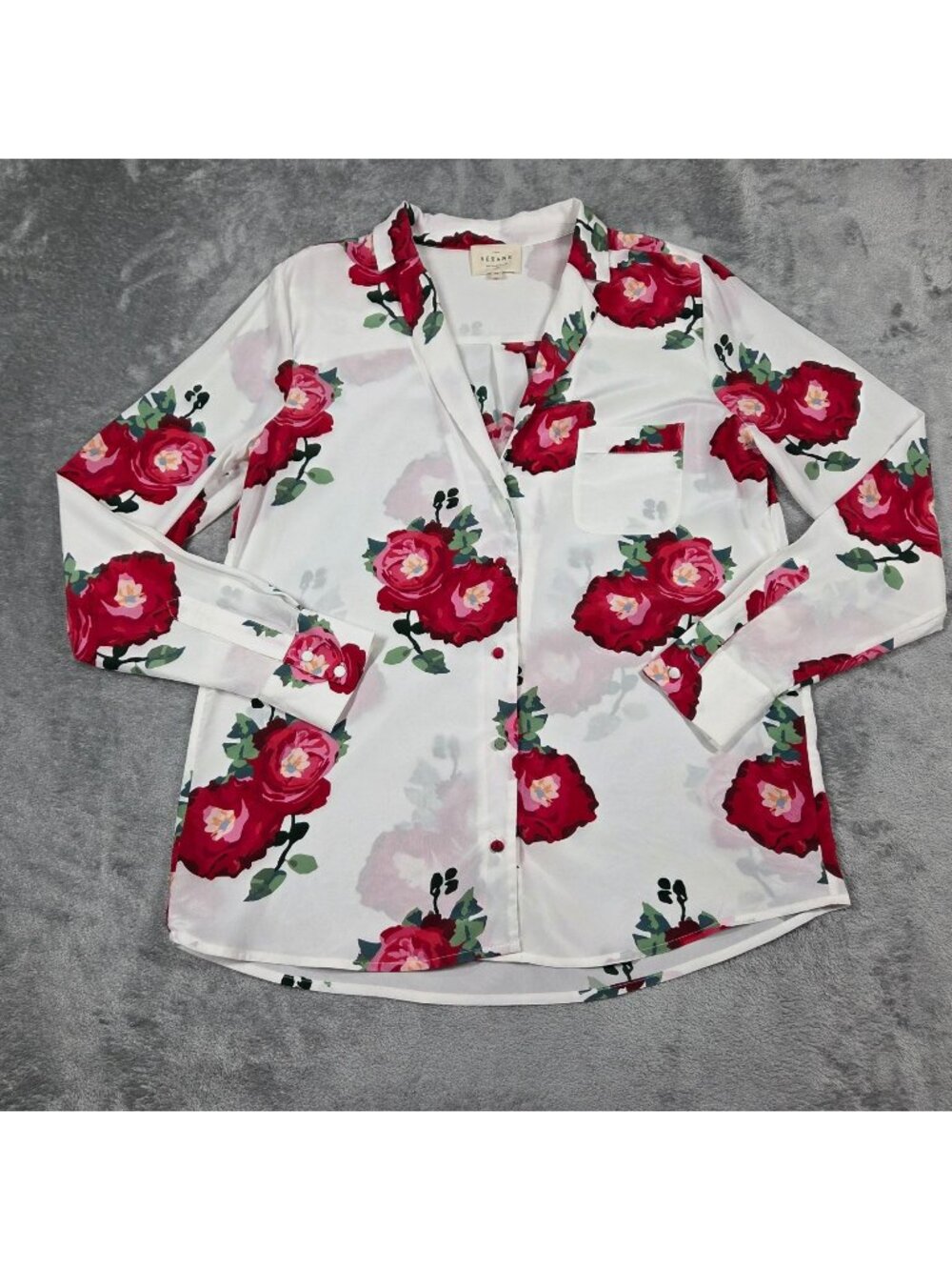 Sezane Top 38 / 6 White Red Peony Floral Silk Feminine Romantic Blouse